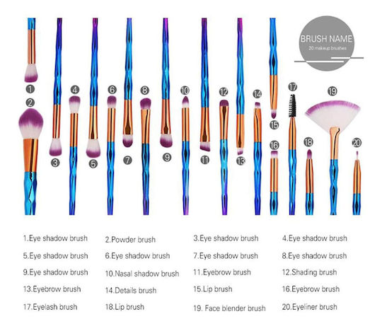 Make Up Brush Set with Synthetic Bristle Unicorn 20 Pieces