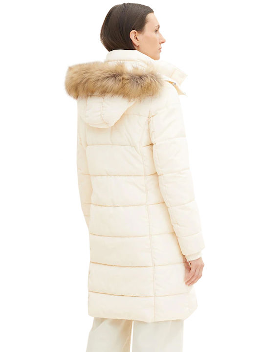 Tom Tailor Women's Long Puffer Jacket for Winter with Hood White