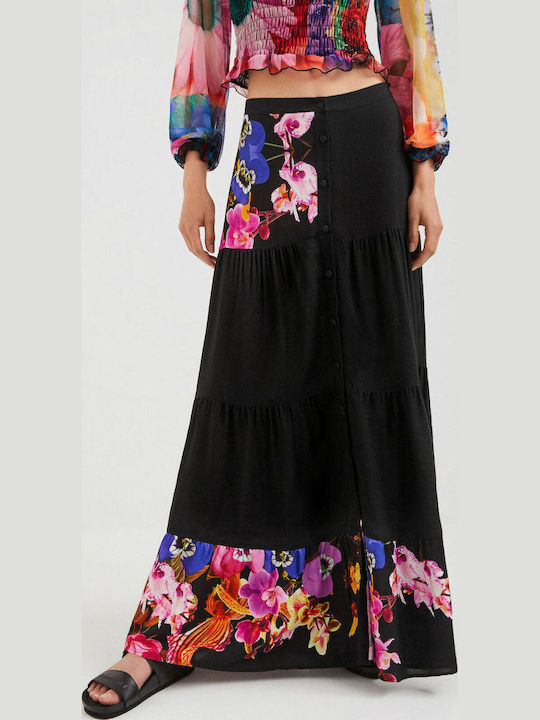 Hoch tailliert Maxi Rock Blumen Schwarz