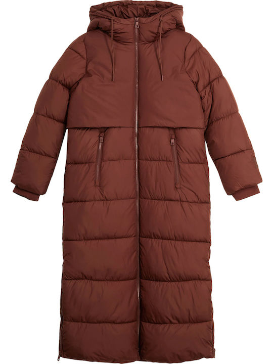 Arctic Women's Long Puffer Jacket for Winter with Hood Bitter Chocolate