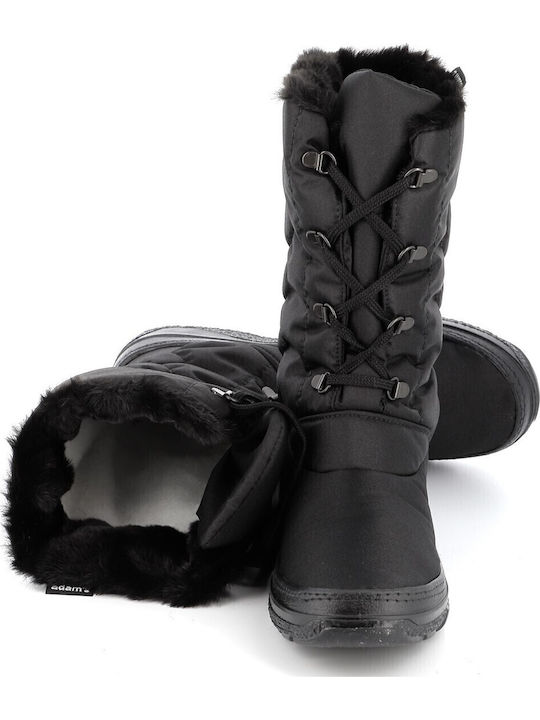 Synthetic Leather Medium Heel Snow Boots with Zipper / Laces & Fur Black