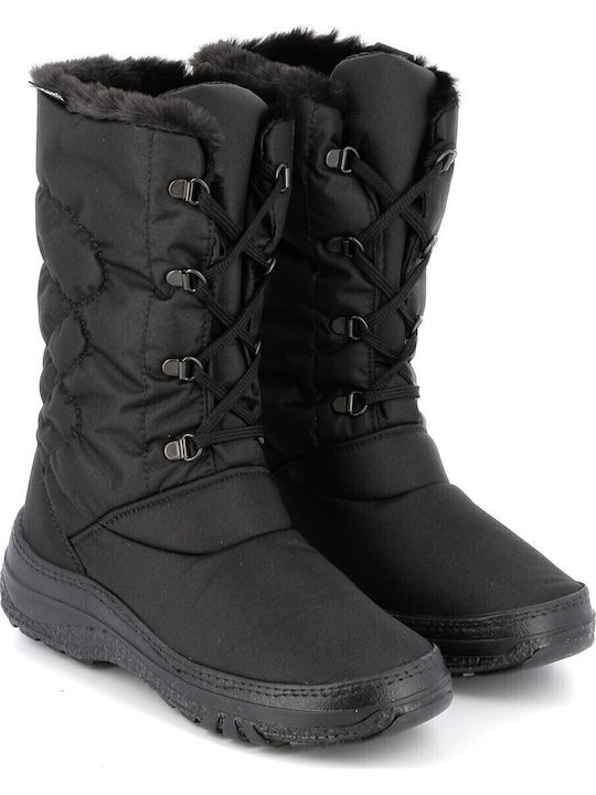 Synthetic Leather Medium Heel Snow Boots with Zipper / Laces & Fur Black
