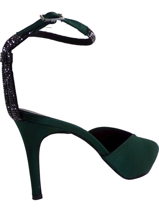 Satin Pumps mit Stiletto-Absatz und Riemen Grüne