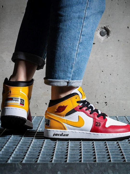 Air  1 Retro Mid Kids High Sneakers with Laces White / Varsity Red / Yellow