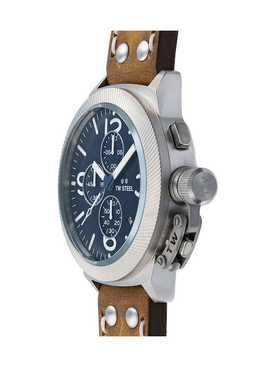 TW Steel Herrenuhr 46mm Chronograph Batterie mit Braun Lederarmband