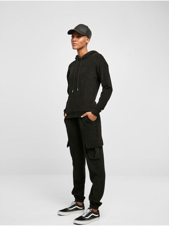 Damen Sweatshirt Samt Kapuzen Schwarz