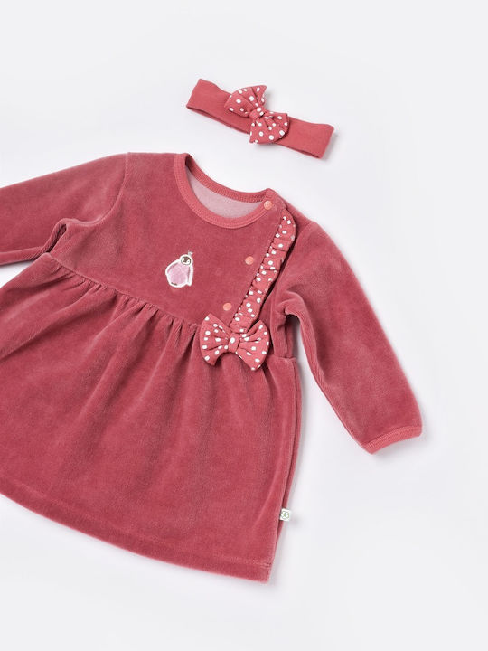 Biorganic Little Love Παιδικό Φόρεμα Σετ με Αξεσουάρ Βελούδινο Μακρυμάνικο Ροζ