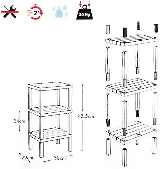 Viosarp Raft De Baie Din Plastic Cu 3 Rafturi 38x29x73.5cm Gri