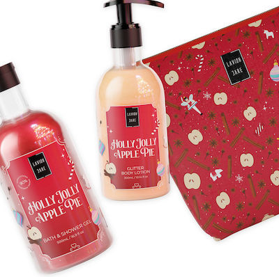 Lavish Care Holly Jolly Apple Pie Skin Care Set for Moisturizing & Cleaning Body Cleaning with Bubble Bath , Body Cream & Toiletry Bag