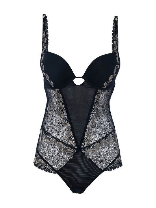 Spaghetti Strap Bodysuit with Lace & Open Back Black