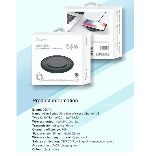 Devia Ασύρματος Φορτιστής (Qi Pad) 15W Μαύρος (Allen Series)