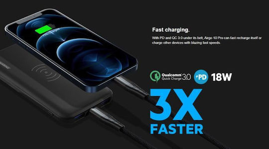 Rockrose Airgo 10 Pro Power Bank 10000mAh 18W cu 2 Porturi USB-A și Port USB-C Livrarea energiei / Quick Charge 3.0 Negru