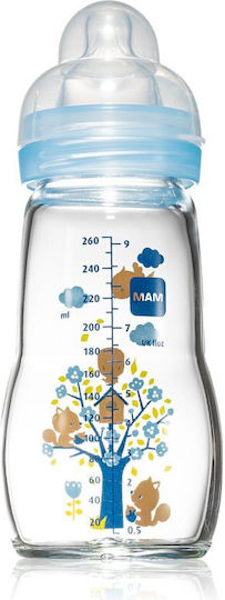 Mam Glass Baby Bottle Feel Good with Silicone Teat for 2+ Months Blue Treehouse - Opaque & Arctic Blue 260ml