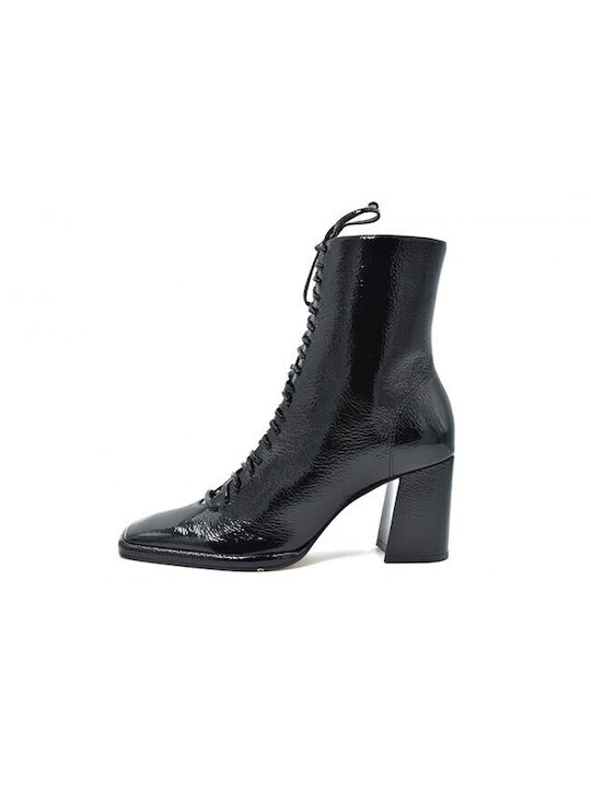 Carrano -CAB01 Women's Patent Leather Medium Heel Combat Boots Black