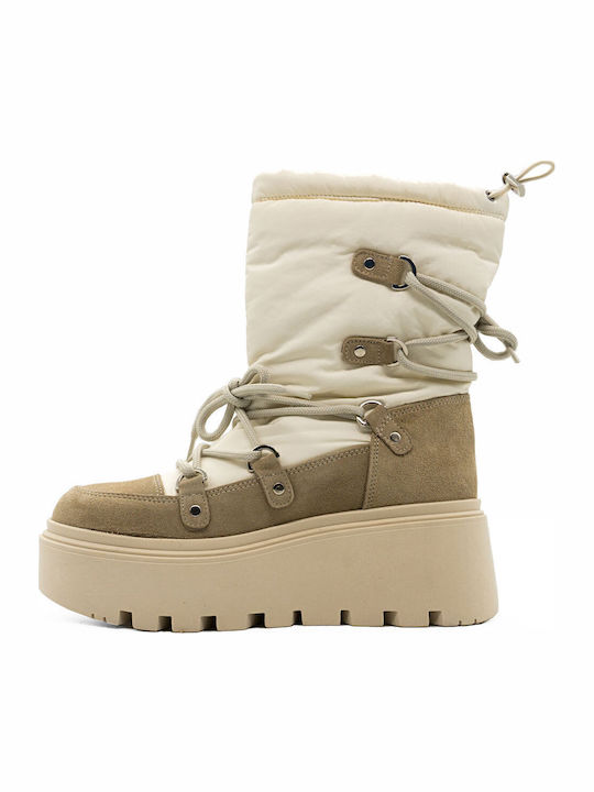 Leather Women's Ankle Boots Platform Beige