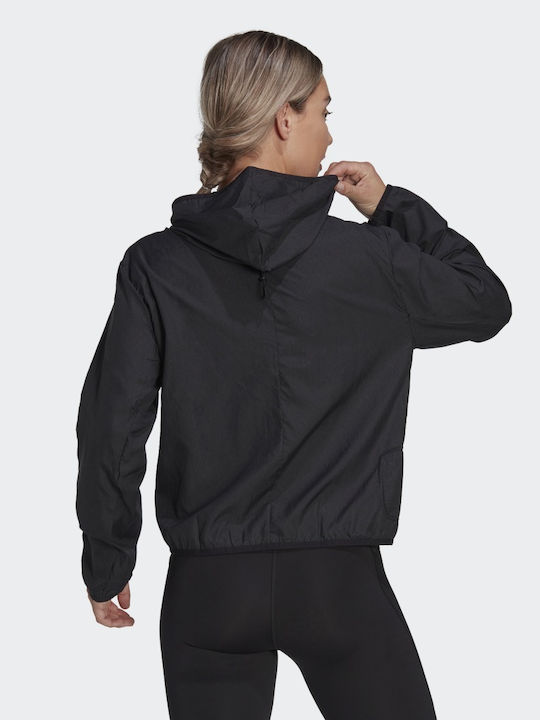 Adidas Women's Running Short Sports Jacket Windproof for Spring or Autumn with Hood Black