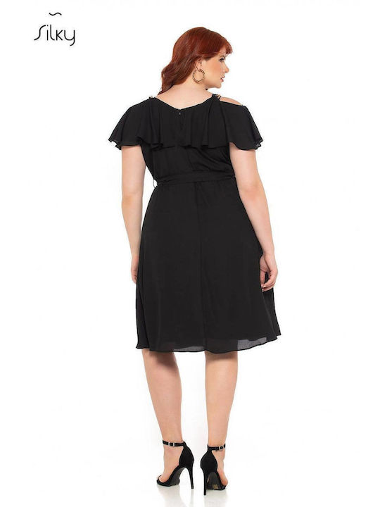 Silky Collection Midi Dress for Wedding / Baptism Off-Shoulder Black