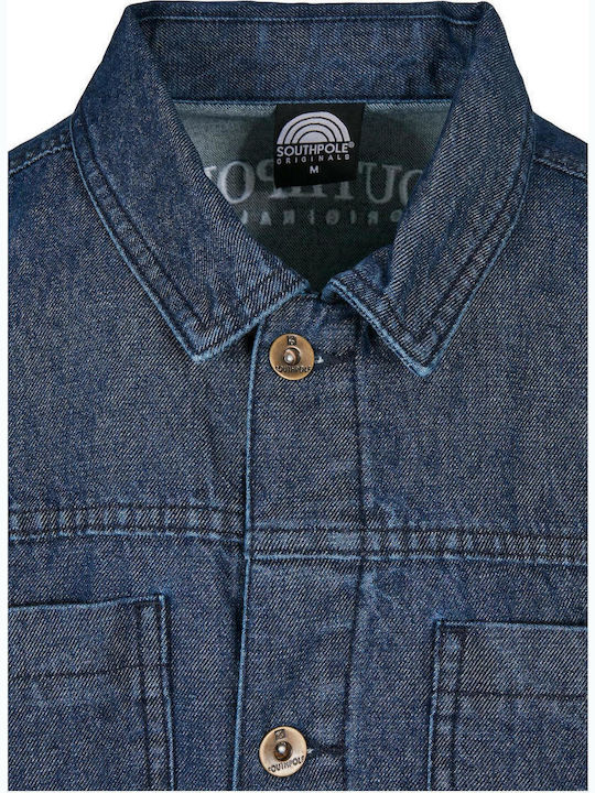 Long Sleeve Denim Overshirt in Wide Line Dark Blue Washed