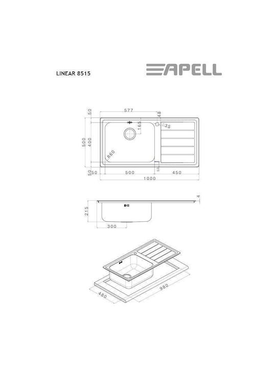 Apell Linear 8515L Ένθετος Νεροχύτης Inox Σατινέ Μ100xΠ50cm Ασημί