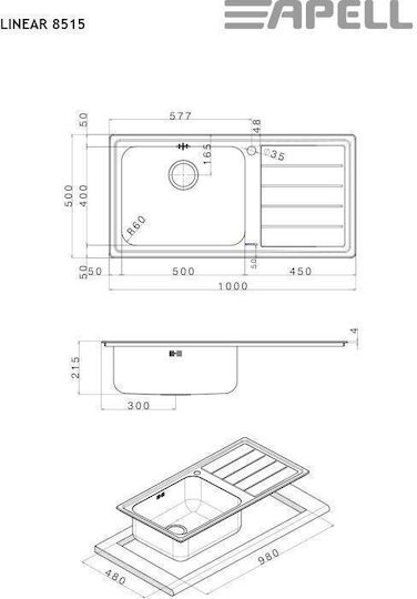 Apell Linear 8515L 8515L-110 Drop-In Spüle Inox Satiniert B100xT50cm Silber