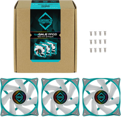 Iceberg Thermal IceGALE 120mm 3-Pin / 4-Pin PWM ARGB Lighting Case Fan Teal 3-pack