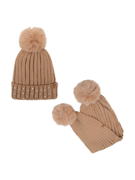 Pom Pom Glitter Kinder Mütze Gestrickt Beige