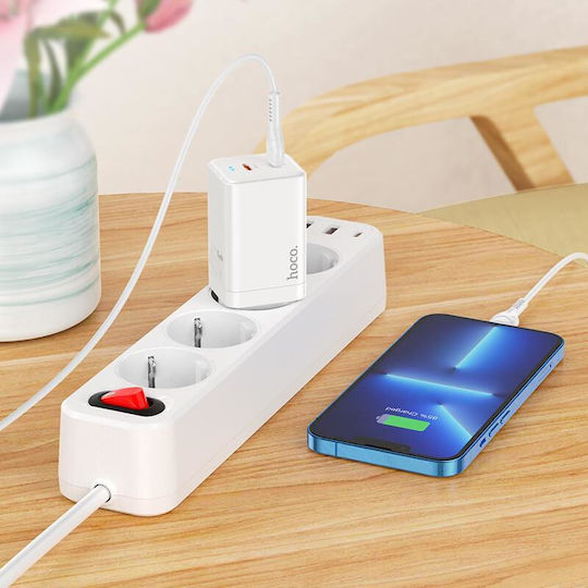 Hoco Încărcător GaN cu 2 Porturi de Ieșire USB-C și Cablu USB-C - Lightning 45W Livrarea Energiei Alb (N23 Starlight)