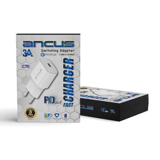 Ancus Φορτιστής Χωρίς Καλώδιο με Θύρα USB-C 20W Quick Charge 3.0 Λευκός (C70)