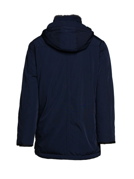 RedGreen Long Jacket with Detachable Hood and Fur Collar - Blue Navy