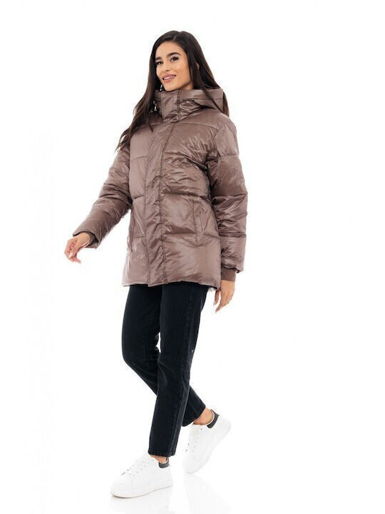 Women's Long Puffer Jacket for Winter with Hood Chocolate
