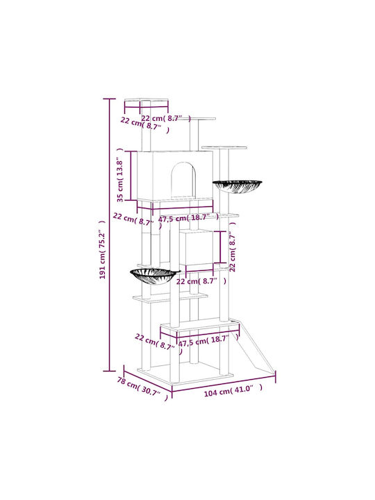 vidaXL Stâlp pentru zgâriat pisici Copaci pentru pisici Bej 8 niveluri 104x78x191cm