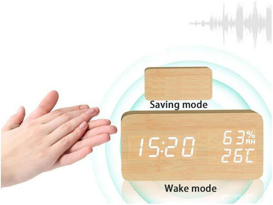 Tischuhr Digital LED Holz mit Wecker Beige AT00010569
