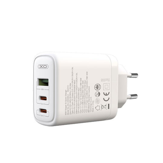 XO Ladegerät ohne Kabel mit USB-A Anschluss und 2 USB-C Anschlüsse 65W Weißs (CE04)