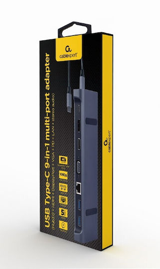 Cablexpert USB-C Docking Station με HDMI/DisplayPort 4K PD Ethernet Γκρι (A-CM-COMBO9-02)