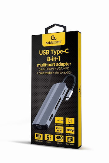 Cablexpert USB-C Docking Station με HDMI 4K PD Γκρι (A-CM-COMBO8-02)