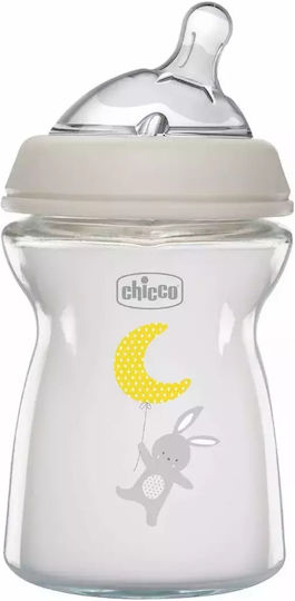 Chicco Glass Baby Bottle Natural Feeling Anti-colic with Silicone Teat for 0+ Months Grey Rabbit 150ml
