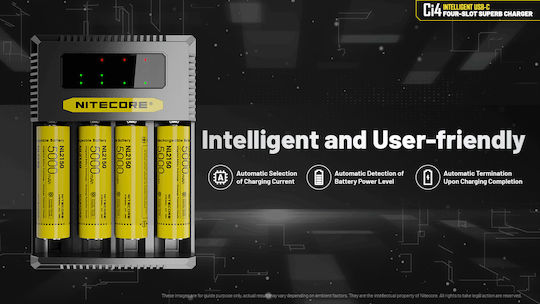 NiteCore Ci4 USB Charger 4 Batteries Li-ion Size AA/AAA/D/18650/16340/26650/14500