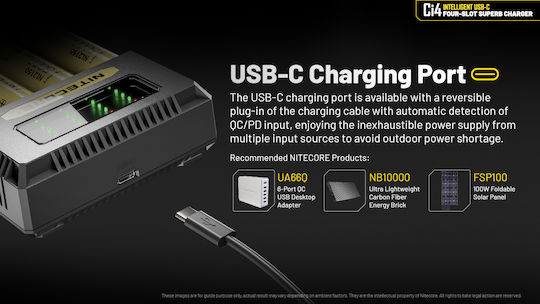 NiteCore Ci4 USB Charger 4 Batteries Li-ion Size AA/AAA/D/18650/16340/26650/14500
