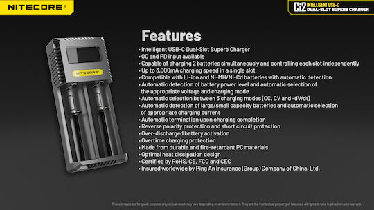 NiteCore Ci2 USB Φορτιστής 2 Μπαταριών Li-ion Μεγέθους AA/AAA/D/18650/16340