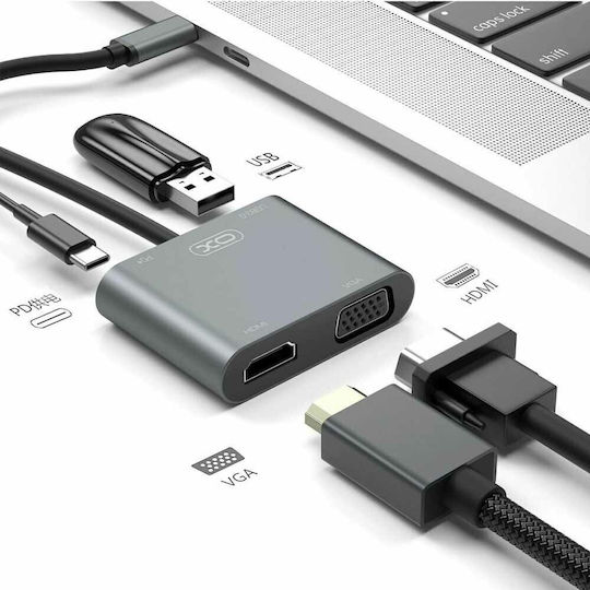 XO HUB001 Converter USB-C male to HDMI / VGA female Gray 1pcs