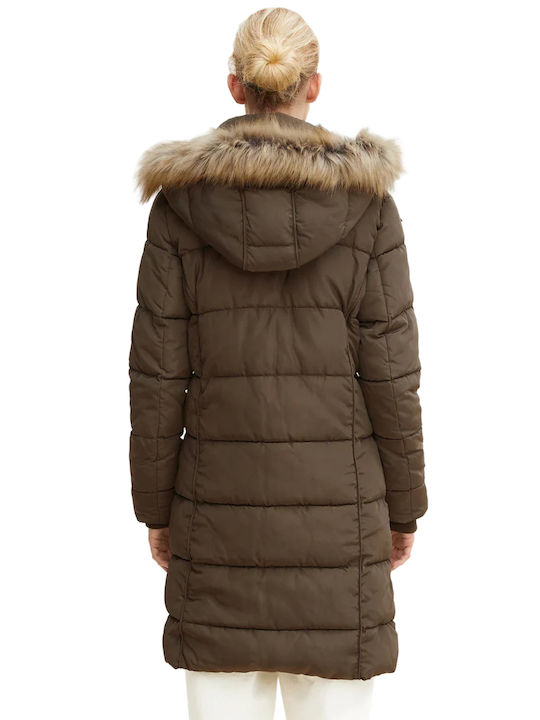 Tom Tailor Women's Long Puffer Jacket for Winter with Hood Khaki