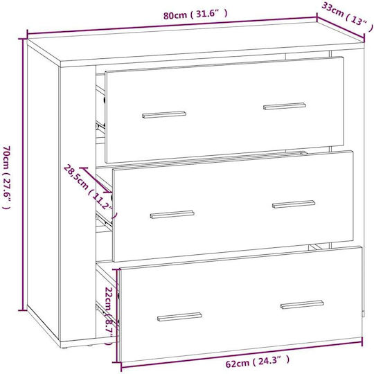 Wooden Chest of Drawers with 3 Drawers White 80x33x70cm