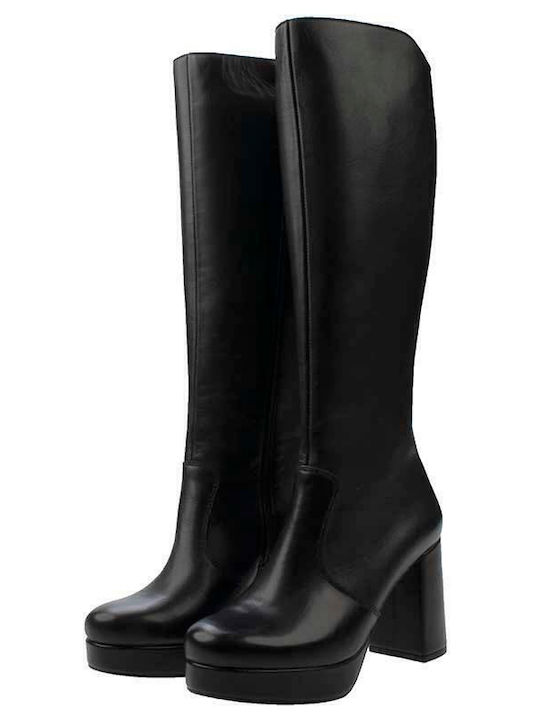 Leather High Heel Women's Boots with Zipper Black