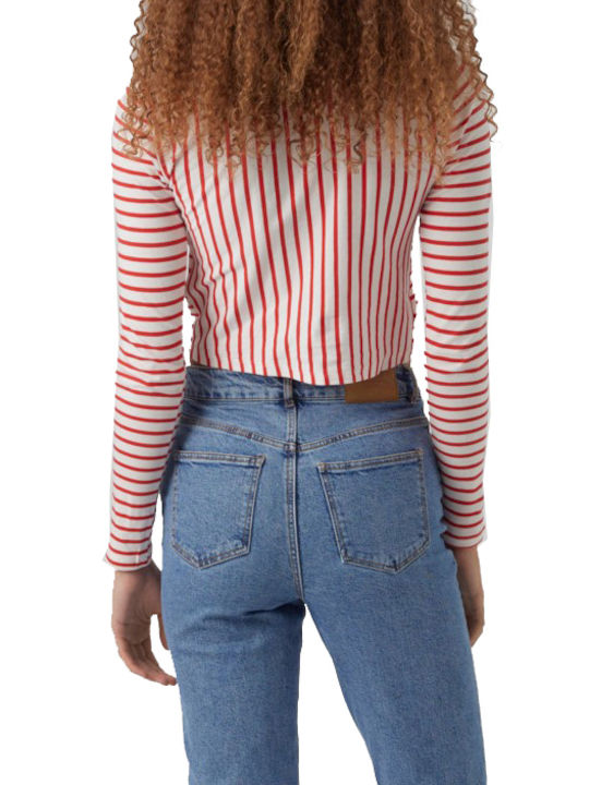 Vero Moda Women's Summer Crop Top Long Sleeve Striped Red