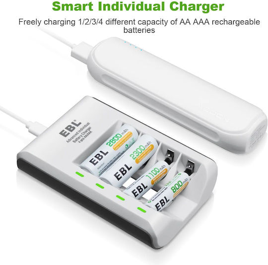 EBL C807 USB Charger 4 Batteries Ni-Cd/Ni-MH Size AA/AAA in Silver color