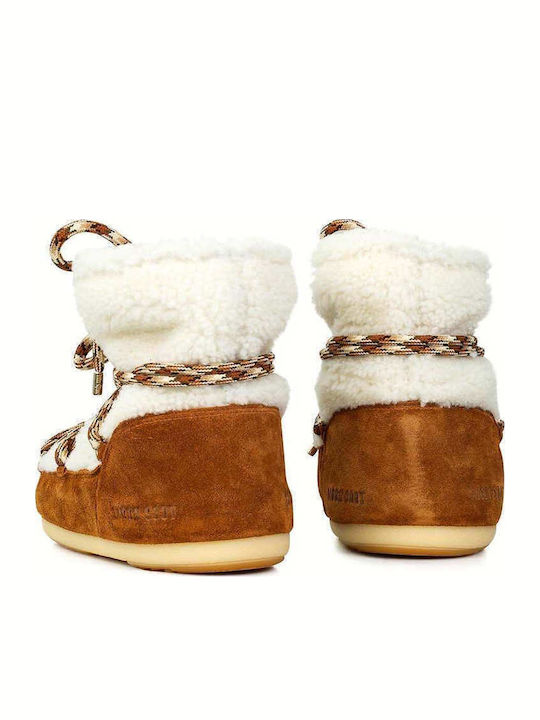 Suede Snow Boots with Laces & Fur Light Low Shearling Beige