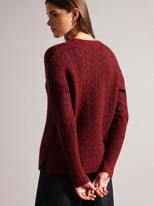 Ted Baker Jackeiy Women's Long Sleeve Sweater Woolen with V Neckline Burgundy