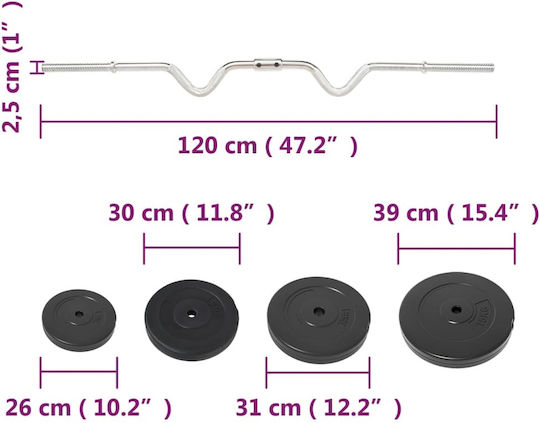 vidaXL ​Στραβόμπαρα Φ25mm Σετ με Βάρη 90kg Μήκους 120cm με Βιδωτά Κολάρα