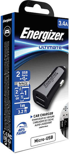 Energizer Încărcător Auto Cu Mufă De Brichetă 17W 3.4A Încărcare Rapidă Cu 2 Porturi USB-A și Cablu Micro-USB Culoare Neagră