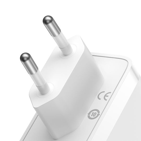 Baseus Ladegerät GaN mit USB-A Anschluss und 2 USB-C Anschlüsse und Kabel USB-C - USB-C 140W Weißs (Gan5)